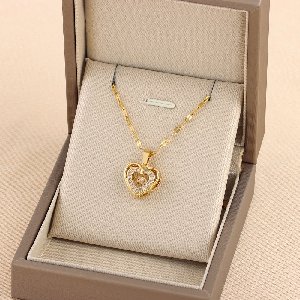 Double - layer Love Necklace With Rhinestones Titanium Steel Pendant Fashion Jewelry Woman Valentines Day Gift - LakayFinds.com