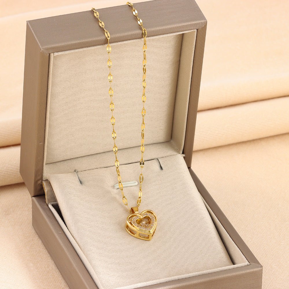 Double - layer Love Necklace With Rhinestones Titanium Steel Pendant Fashion Jewelry Woman Valentines Day Gift - LakayFinds.com