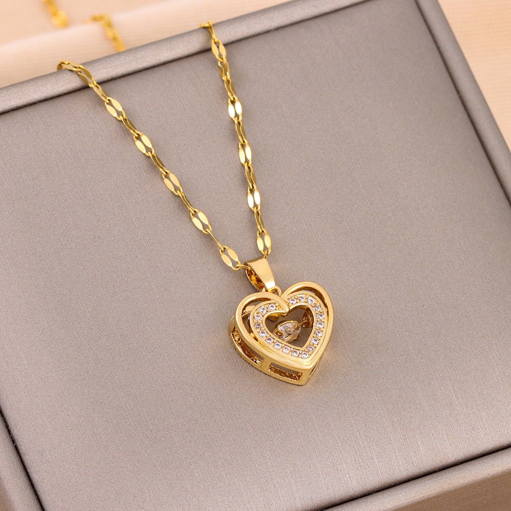 Double - layer Love Necklace With Rhinestones Titanium Steel Pendant Fashion Jewelry Woman Valentines Day Gift - LakayFinds.com