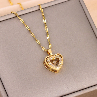 Double - layer Love Necklace With Rhinestones Titanium Steel Pendant Fashion Jewelry Woman Valentines Day Gift - LakayFinds.com