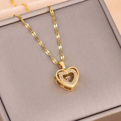 Double - layer Love Necklace With Rhinestones Titanium Steel Pendant Fashion Jewelry Woman Valentines Day Gift - LakayFinds.com