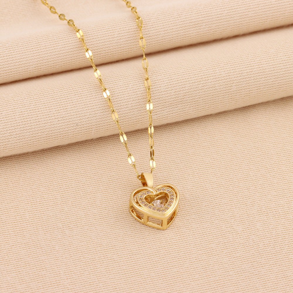 Double - layer Love Necklace With Rhinestones Titanium Steel Pendant Fashion Jewelry Woman Valentines Day Gift - LakayFinds.com