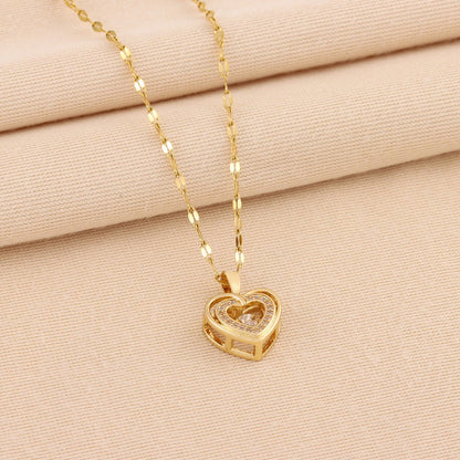 Double - layer Love Necklace With Rhinestones Titanium Steel Pendant Fashion Jewelry Woman Valentines Day Gift - LakayFinds.com