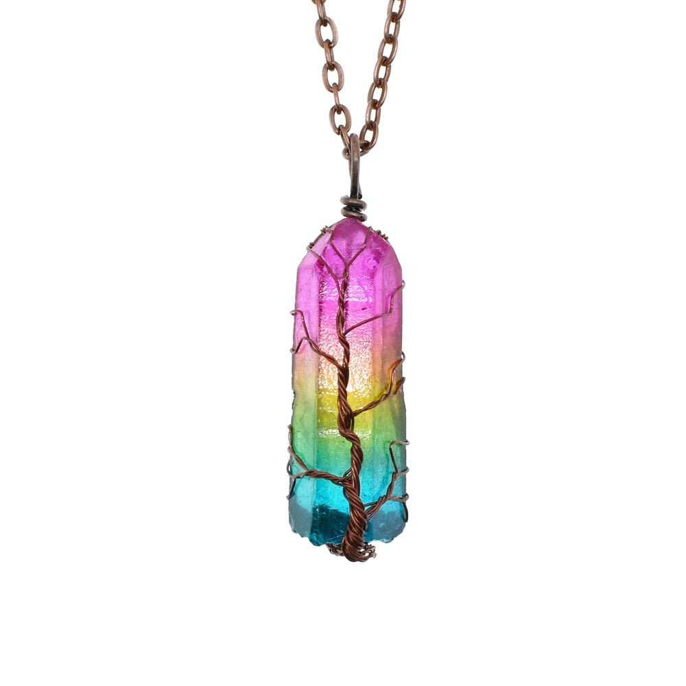 Hot Selling Stone Crystal Pillar Tree Of Life Pendant Ins Fashion Necklace - LakayFinds.com