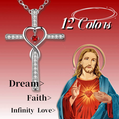 Infinity Love God We Trust Christian Cross Birthstone Crystal Pendant Necklace Colour Gems Zircon Heart Necklace Women Jewelry - LakayFinds.com